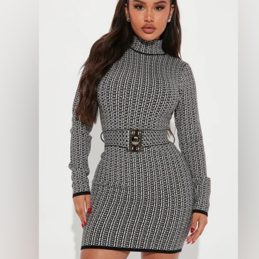 Always Know Black and White Long Sleeve Belted Sweater Dress NWOT